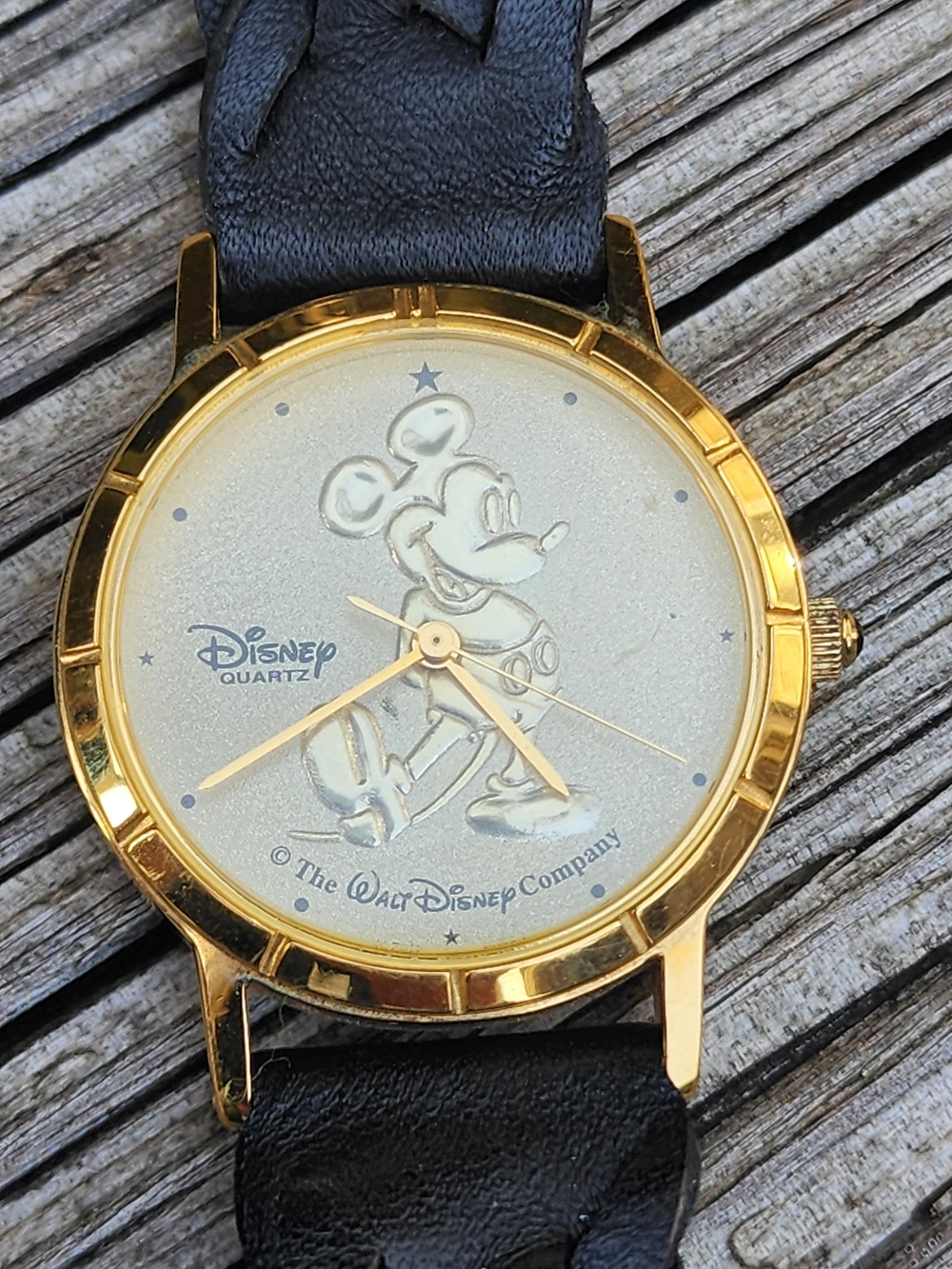 EUC Collectible Disney Gold-Tone Mickey Mouse Quartz Watch - Black Leather Strap